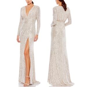 IEENA for Mac Duggal Sequin Faux Wrap Gown Champagne Silver Nude ✨NWT $398 Sz 4